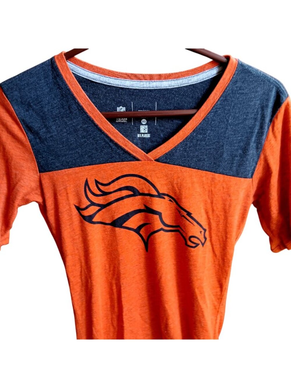 XS Denver Broncos Peyton Manning #18 Womens T-Shirt V-Neck Orange Blue Nike NFL